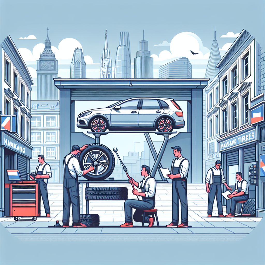 Imagine cu procesul de schimbare a anvelopelor Nankang intr-un service auto, cu mecanici atenti si un client care discuta detaliile lucrarii, in stil european.