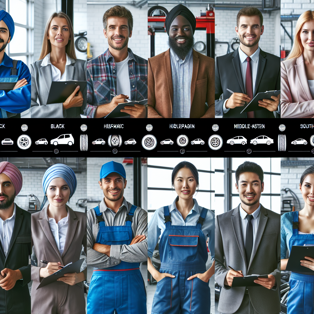 Imagine cu un grup de mecanici profesionisti discutand despre diferite modele de anvelope Nankang intr-un service auto cu elemente de stil european.