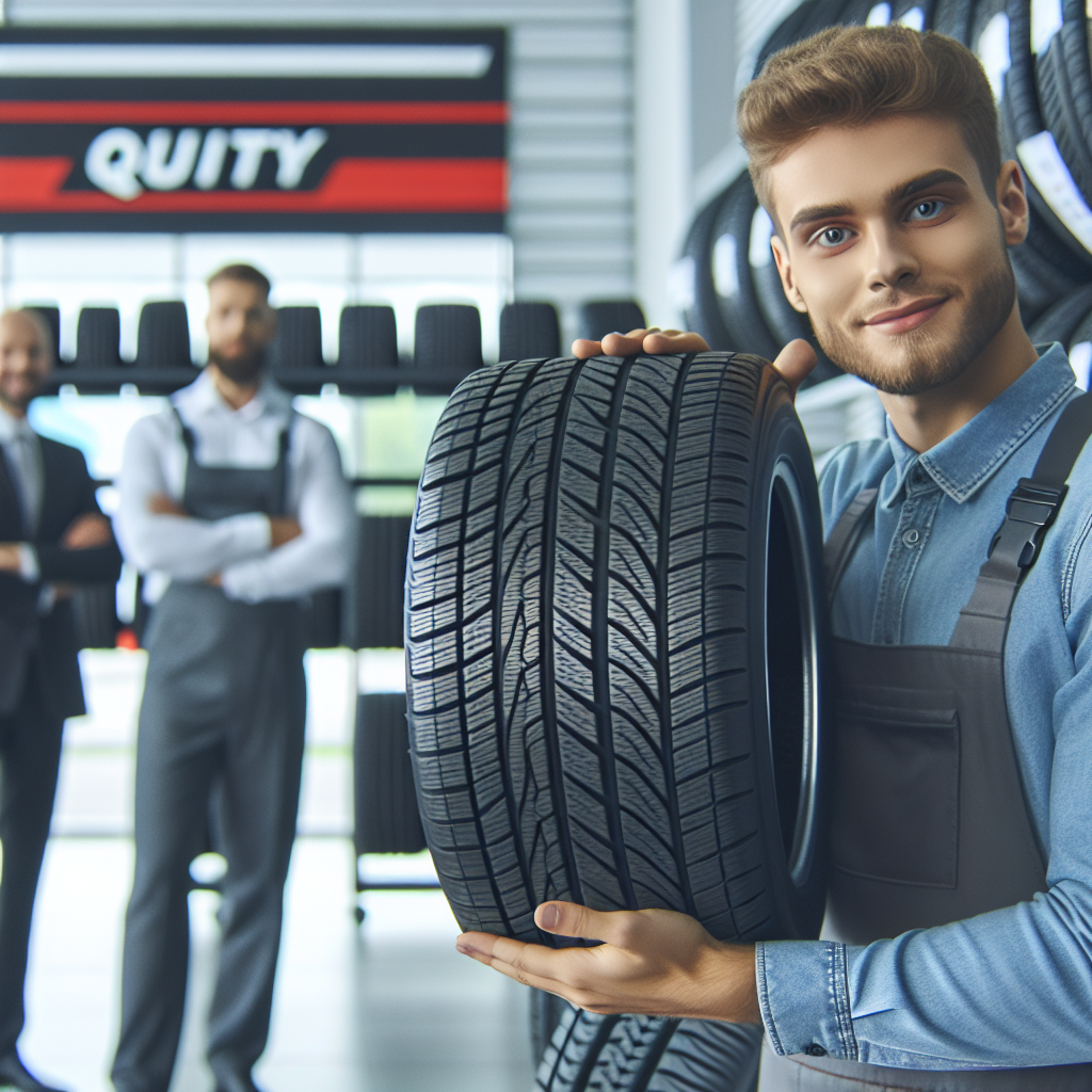 Imagine care prezinta anvelope Nereus de calitate expuse spre vanzare intr-un service auto modern. Anvelopele ar trebui sa aiba un aspect atractiv. In fundal, ar trebui sa fie clienti multumiti care beneficiaza de servicii ale service-ului auto, avand trasaturi de tip european.