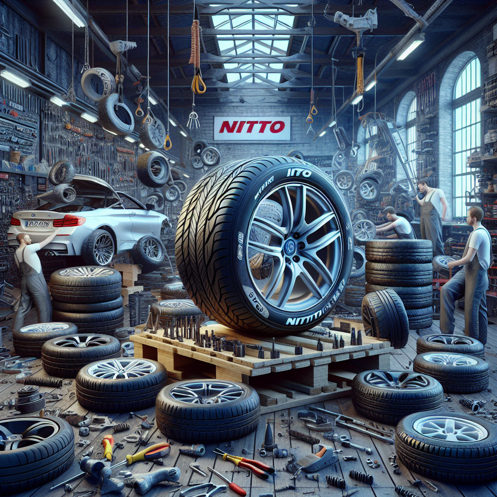 Imaginea diferitelor modele de anvelope Nitto, expuse intr-un service auto, cu mecanicii lucrand in fundal, toate fetele persoanelor de tip european.