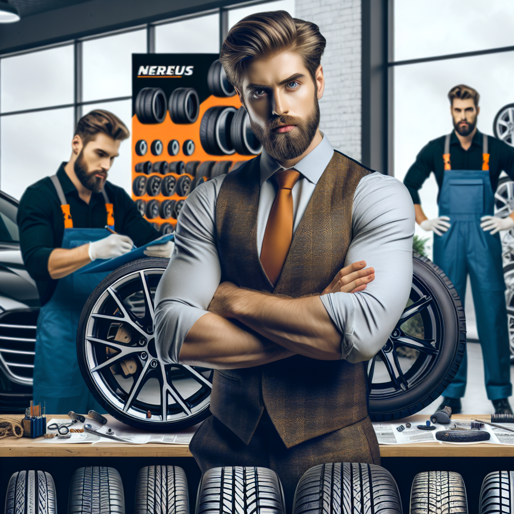 Imagine care arata diferite modele de anvelope Nereus expuse intr-o vitrina a unui service auto. Toate anvelopele ar trebui sa aiba un aspect calitativ si atragator. In fundal, ar trebui sa fie un service auto cu mecanici care lucreaza la masini, avand trasaturi de tip european.