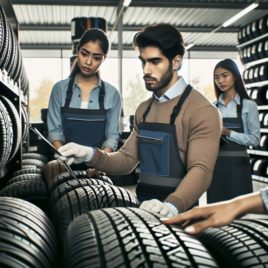 Proprietar de automobil care examineaza diferite tipuri de anvelope de exterior la un service auto, reprezentat intr-o imagine realista, ca o fotografie.