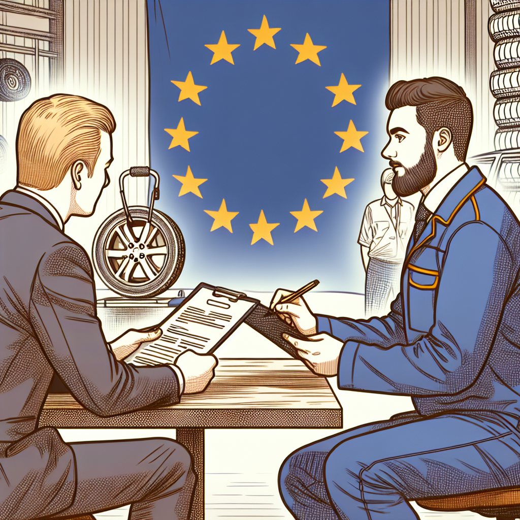 Imagine cu un specialist in service auto care consiliaza un client in alegerea anvelopelor Otani, reflectand un mod profesional de abordare. Toate persoanele din imagine sunt de tip european, iar atmosfera este prietenoasa si ajutatoare.