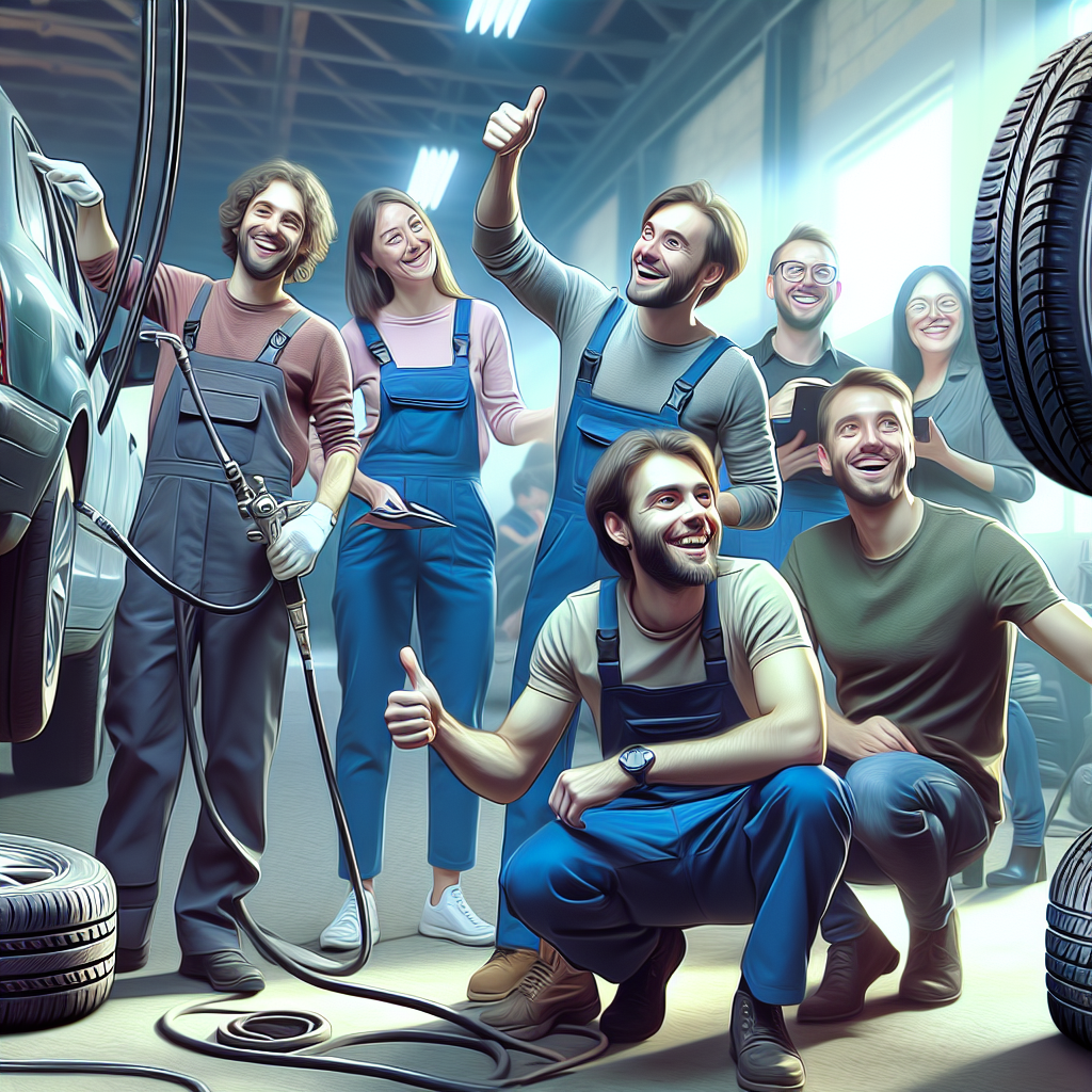 Imaginea procesului de montare a anvelopelor Nitto intr-un service auto, cu mecanici si clienti multumiti, toate fetele persoanelor de tip european.