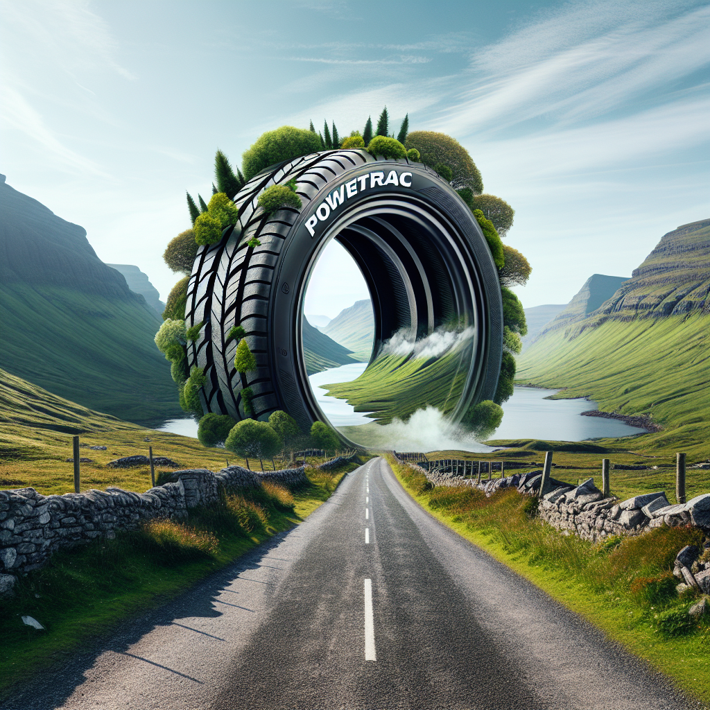 Imagine cu o roata powertrac pe fundalul unei drum, cu peisaje verzi si nori pe cer. Imaginea ar trebui sa arate ca o fotografie, cu oameni de tip european in imagine.