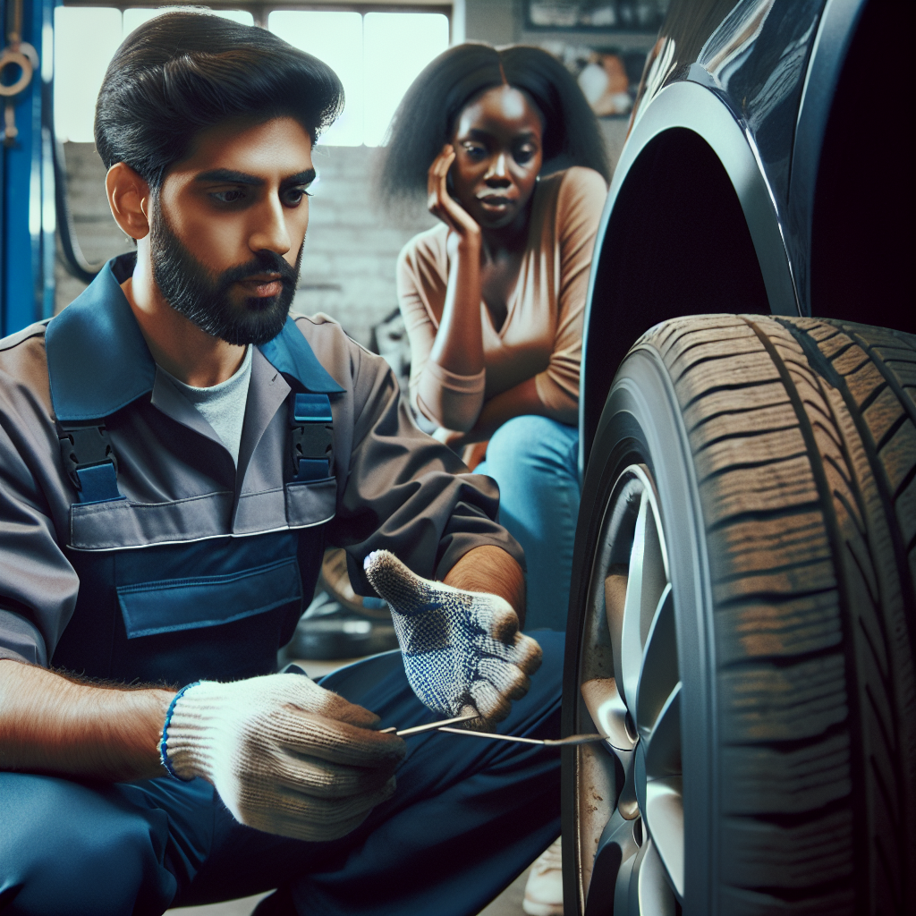 Un specialist experimentat care verifica starea anvelopelor de exterior ale unui automobil si ii explica proprietarului cand ar trebui sa le schimbe, intr-o imagine cu un nivel ridicat de realism, asemanatoare unei fotografii.