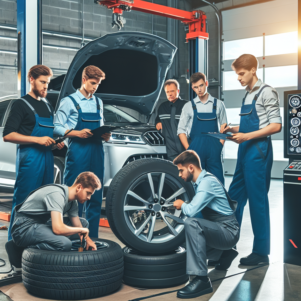 Imagine a procesului de montare a anvelopelor Otani intr-un service auto CasaAuto, care reflecta profesionalismul si echipamentele utilizate. Toate persoanele din imagine sunt de tip european, iar atmosfera este prietenoasa si tehnologic avansata.