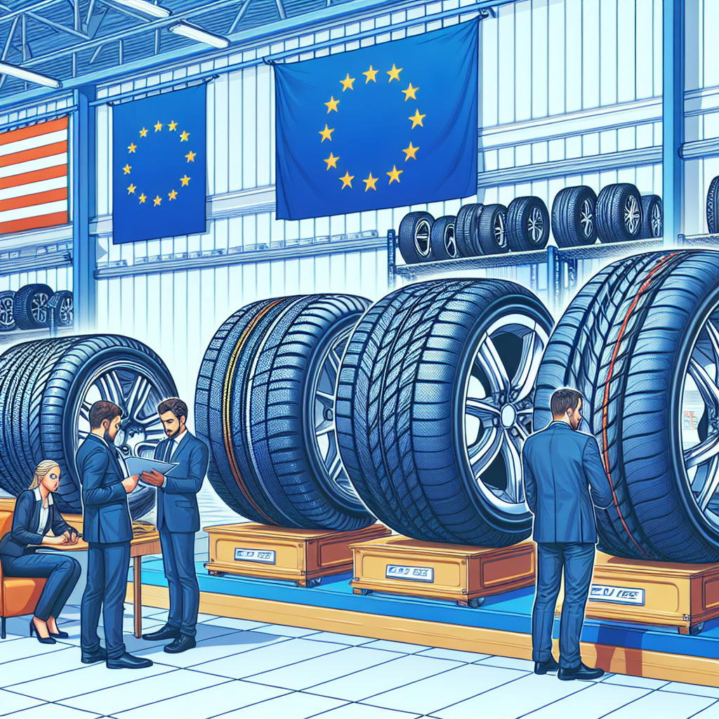 Imagine in care sunt prezentate diferite modele de anvelope Nereus, expuse intr-un magazin sau service auto. Anvelopele ar trebui sa aiba un aspect calitativ, iar in fundal ar trebui sa fie clienti care discuta cu managerii, avand trasaturi de tip european.