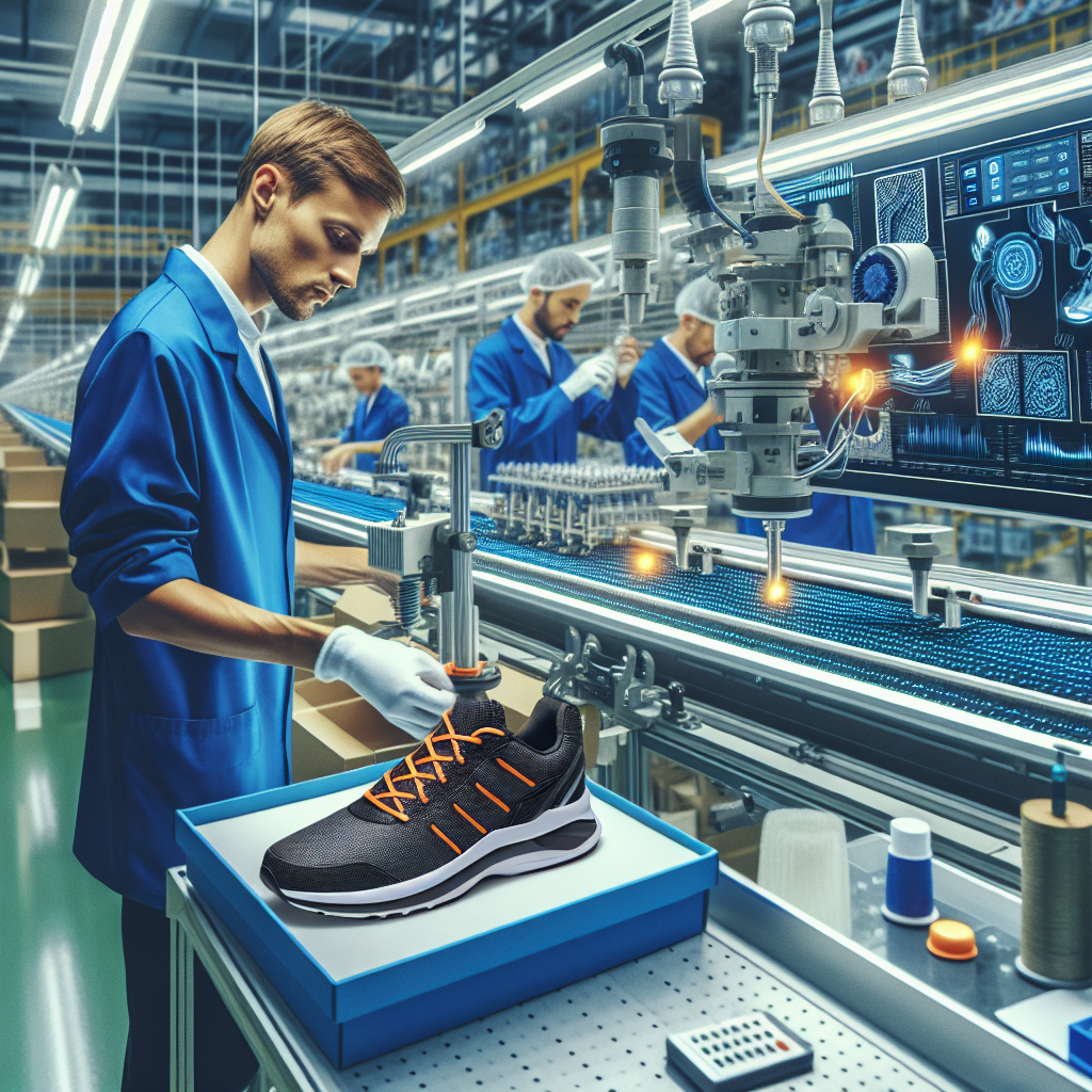 Imagine cu o linie de productie pentru incaltaminte power track, cu tehnologii avansate, unde muncitorii de tip european efectueaza controlul calitatii. Imaginea ar trebui sa arate ca o fotografie.