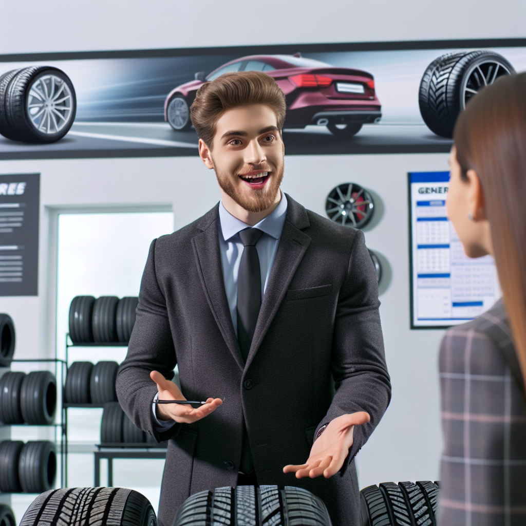 Showroom de anvelope Matador, cu diverse modele de anvelope expuse. Include un vanzator cunoscator discutand specificatiile anvelopelor cu un client. Vanzatorul are o expresie atragatoare, iar in fundal se evidentiaza brandingul Matador. Toate persoanele au aspect european.
