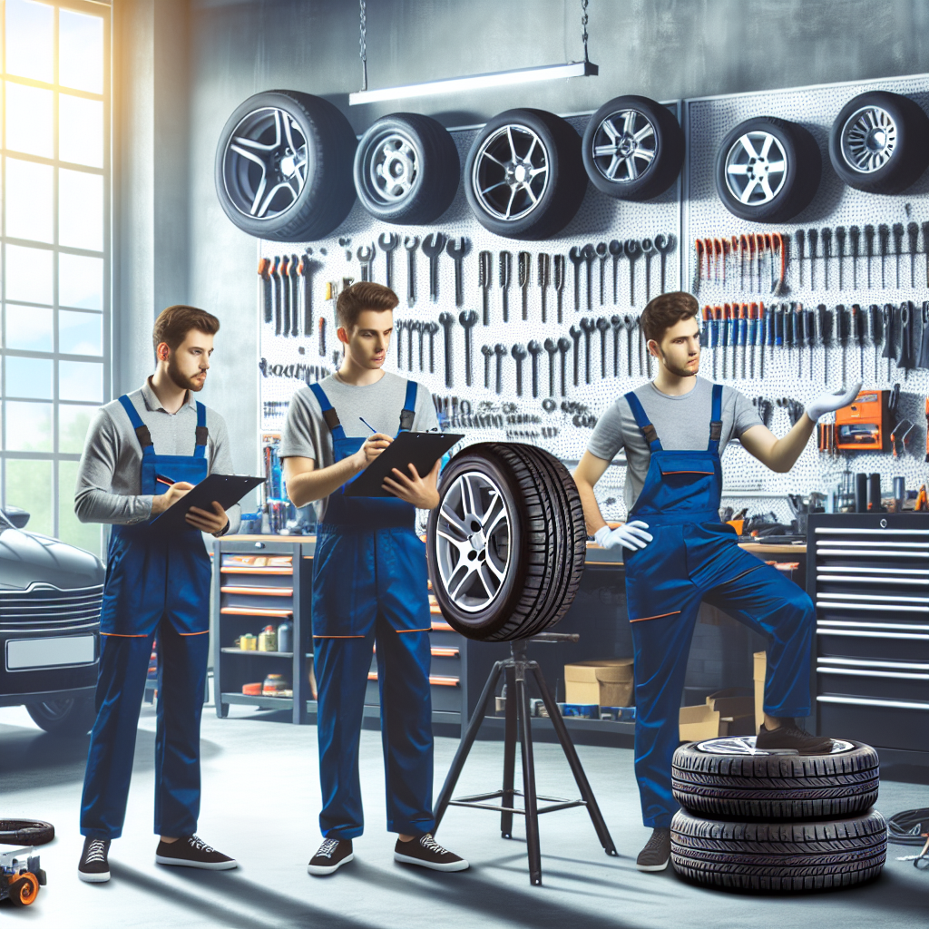 Imagine cu un service auto, unde profesionisti cu aspect european lucreaza cu anvelope Nortec, in fundal cu echipamente de service. Toate persoanele par ocupate.