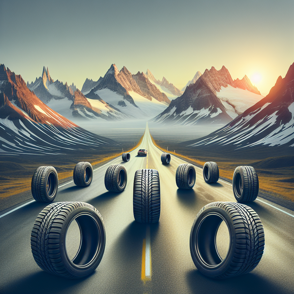 Imagine cu anvelope Roadstone frumoase expuse pe fundalul unei sosele, astfel incat sa para o fotografie reala.