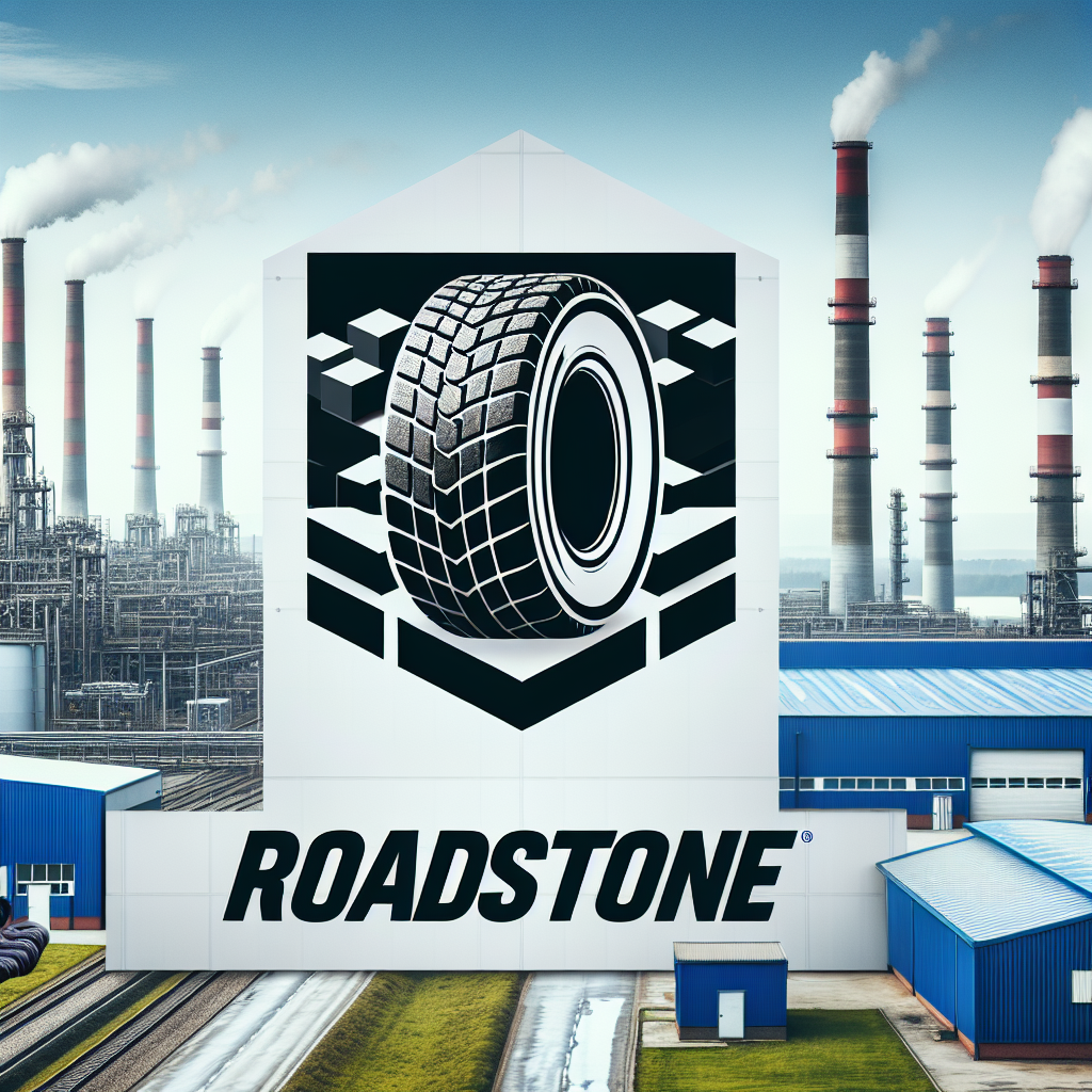 Imagine cu logo-ul ROADSTONE pe fundalul unei fabrici de anvelope, astfel incat sa para o fotografie reala.
