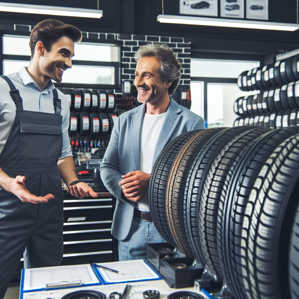 Imagine cu un sofer fericit, care alege anvelope Pneumant intr-un service auto, consultandu-se cu un mecanic experimentat. Toate persoanele au un aspect european.