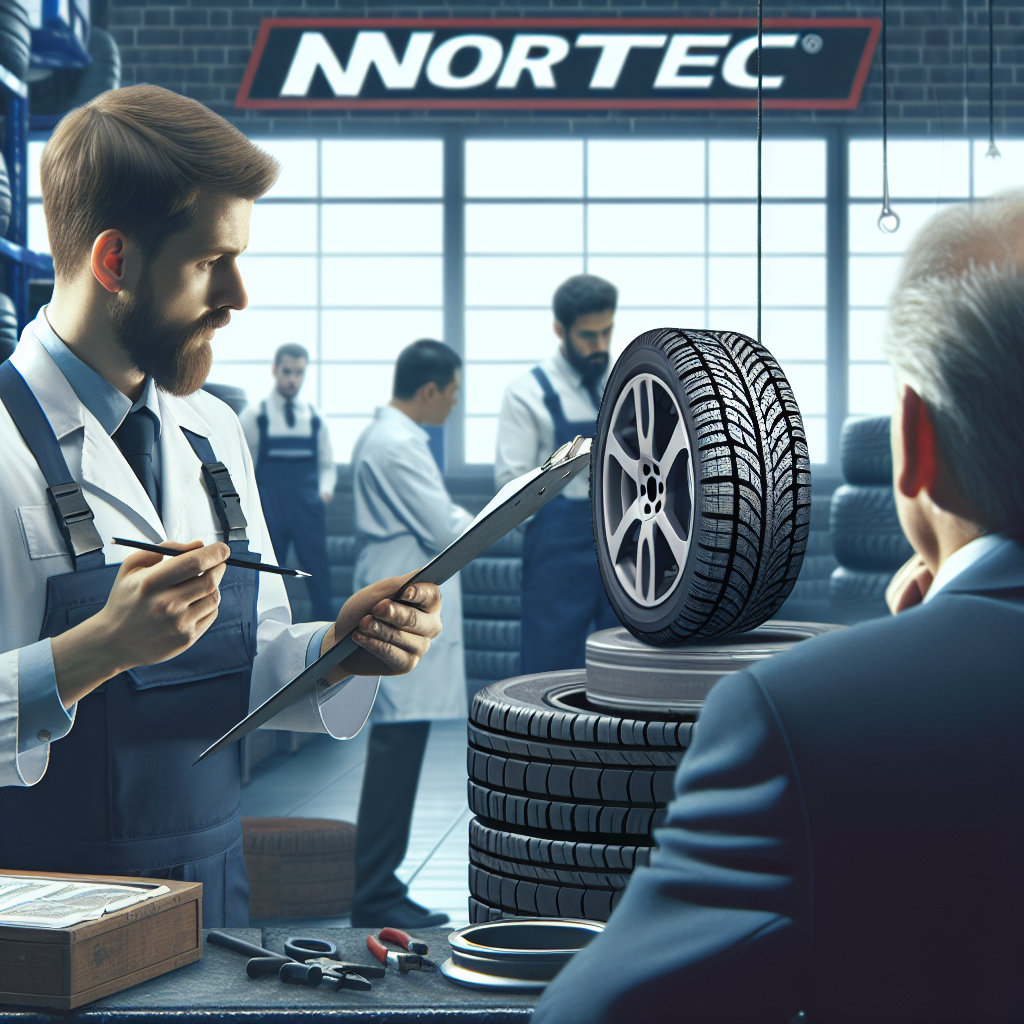 Imagine cu procesul de verificare a starii unei anvelope Nortec intr-un service auto. Arata un profesionist cu aspect european inspectand anvelopa, in timp ce un client pune intrebari. Atmosfera este una de profesionalism.