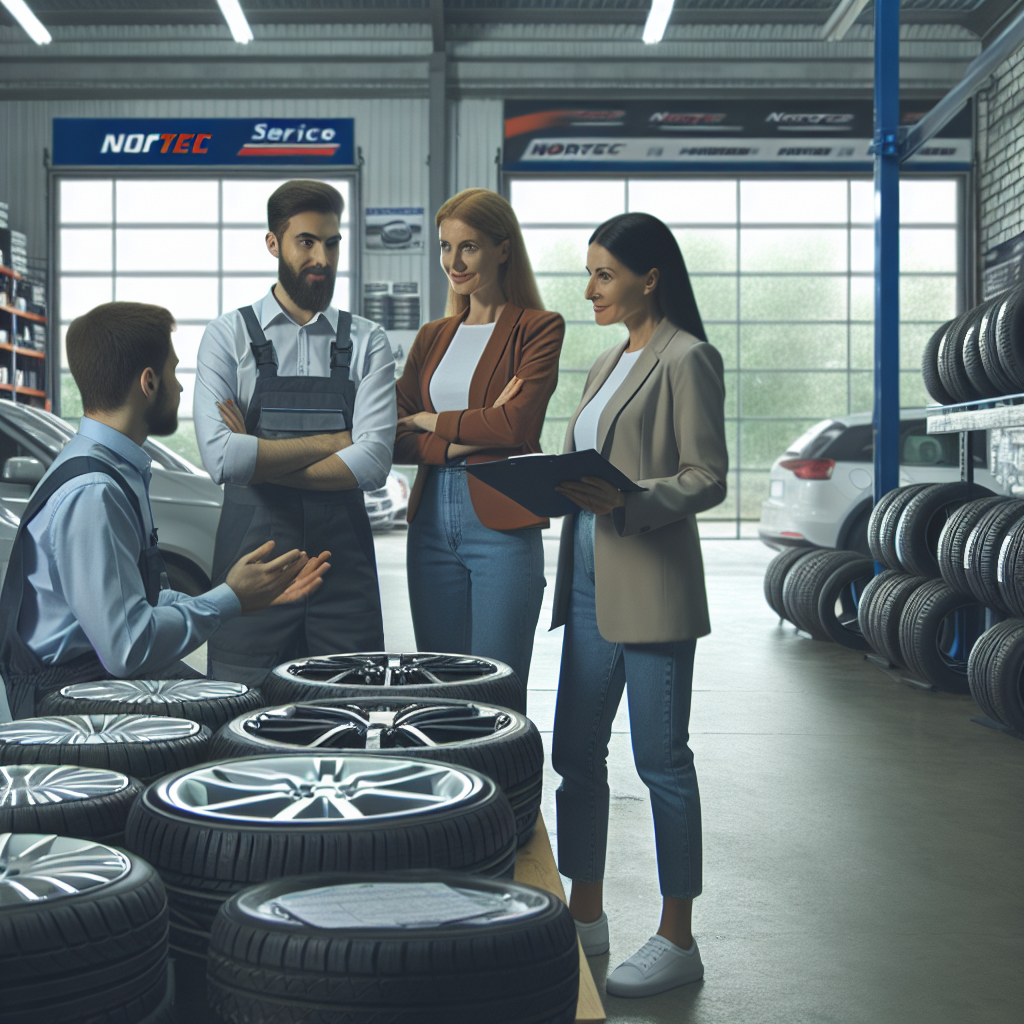 Imagine cu un client si un expert intr-un service auto, discutand despre alegerea anvelopelor Nortec. Toate persoanele ar trebui sa aiba un aspect european si sa fie implicate in procesul de selectie.