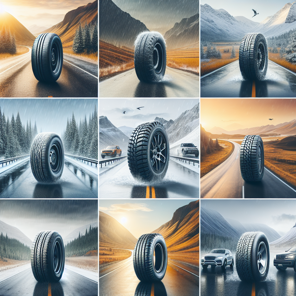 Imagine care arata diferite modele de anvelope ROADSTONE pe fundalul unei sosele in diverse conditii meteorologice, astfel incat sa para o fotografie reala.