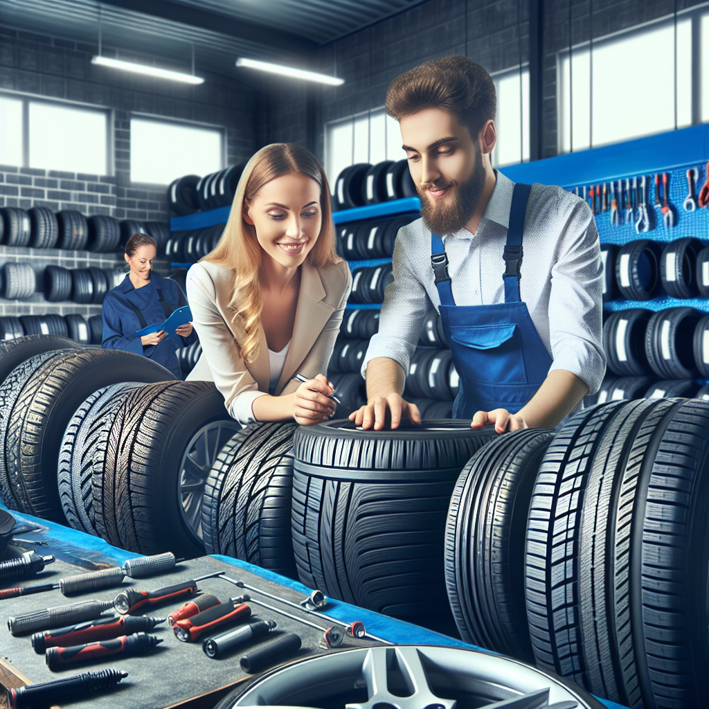 O imagine cu barbati si femei europeni care aleg anvelope pentru masini intr-un service auto, cu diverse anvelope Radburg si unelte de instalare a anvelopelor vizibile in fundal. Imaginea ar trebui sa aiba un aspect realist.