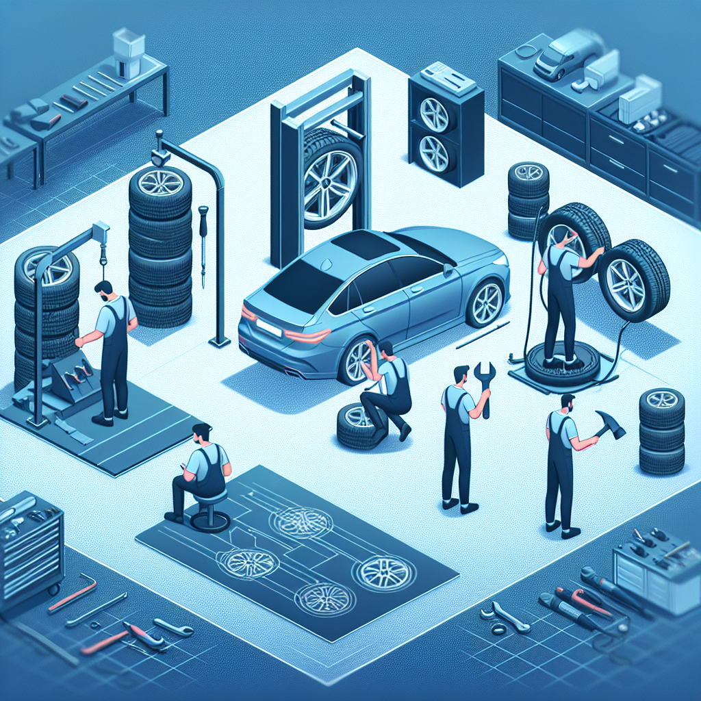 Imagine realista a procesului de alegere si instalare a anvelopelor Profil cu maestrii de service auto, care lucreaza la o masina. Toti oamenii au aspect european, in fundal cu uneltele moderne si echipamentele de service auto.