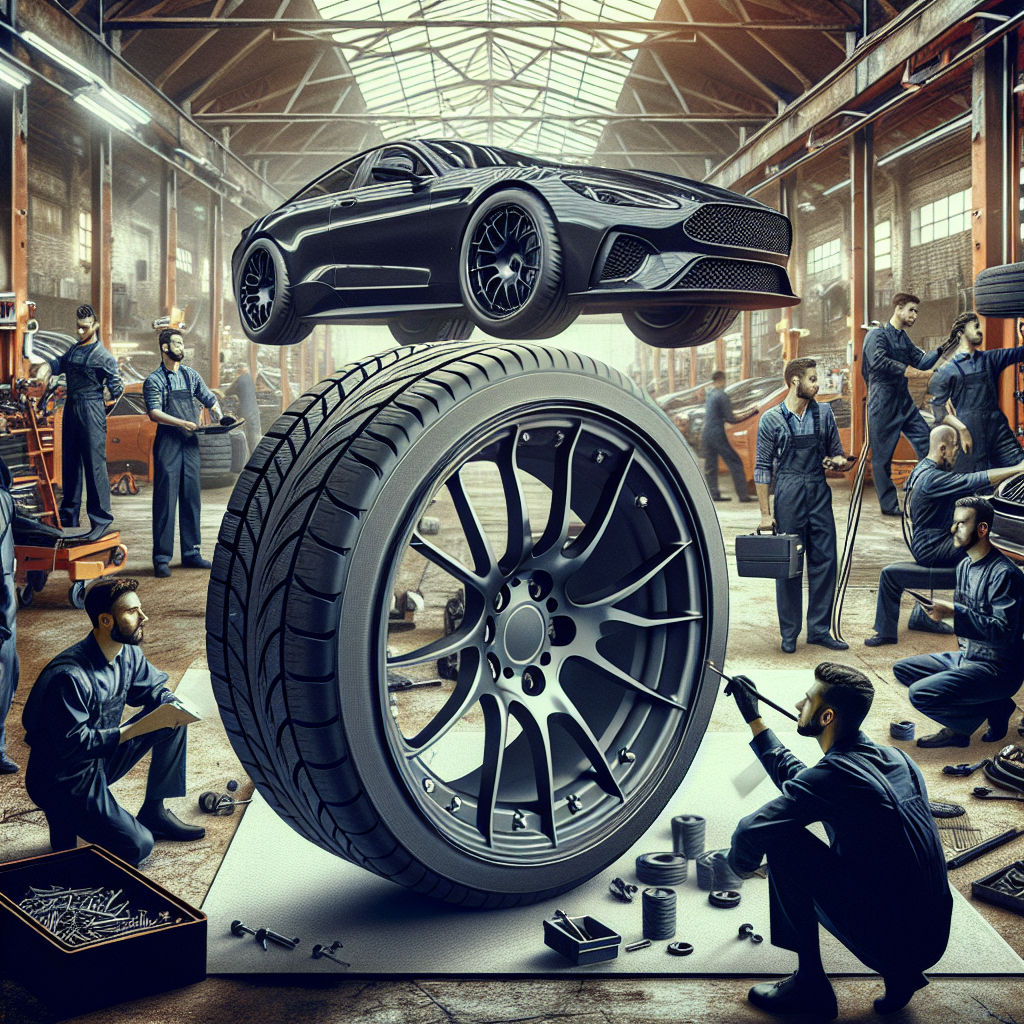Fotografie a anvelopei Royal Black pe fundalul unei ateliere auto cu meșteșugari europeni care lucrează cu unelte și clienți, imagine de înaltă calitate.