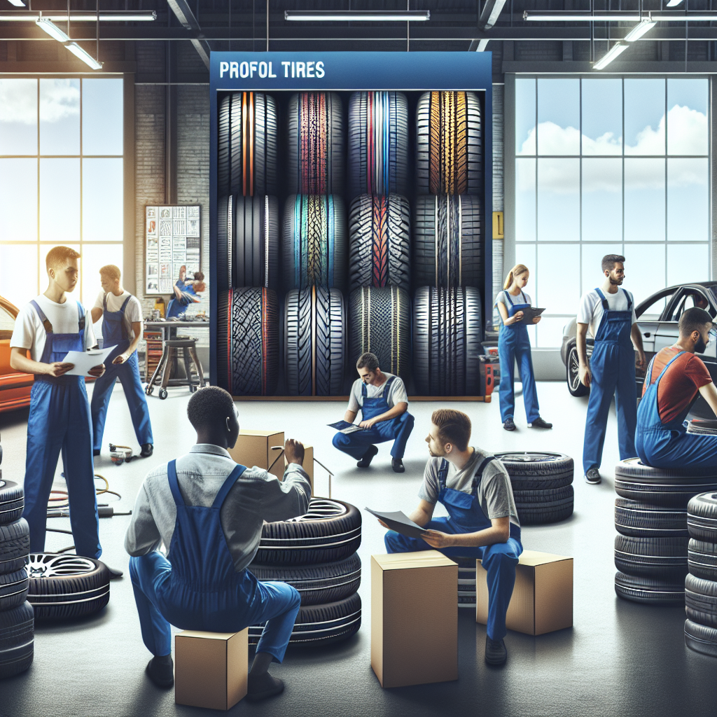Imagine realista a anvelopelor moderne Profil de la diferiti producatori, cu ambalaje viu colorate si informative, in fundalul unui service auto profesionist, unde maestrii lucreaza la masini. Toti oamenii au aspect european.