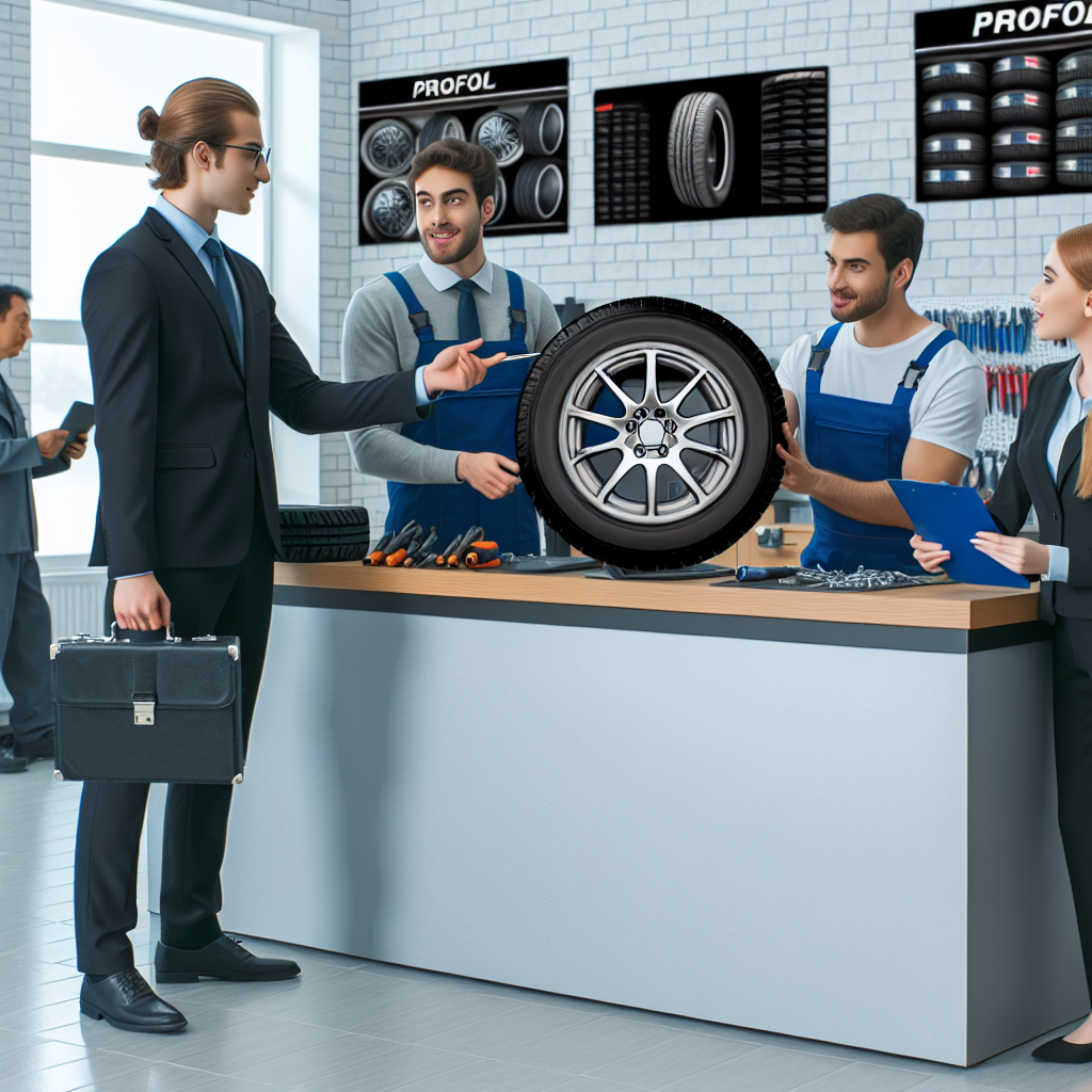 Imagine realista a procesului de achizitie si instalare a anvelopei Profil de la un producator cunoscut in service auto, unde lucreaza maestri profesionisti. Toti oamenii au aspect european.