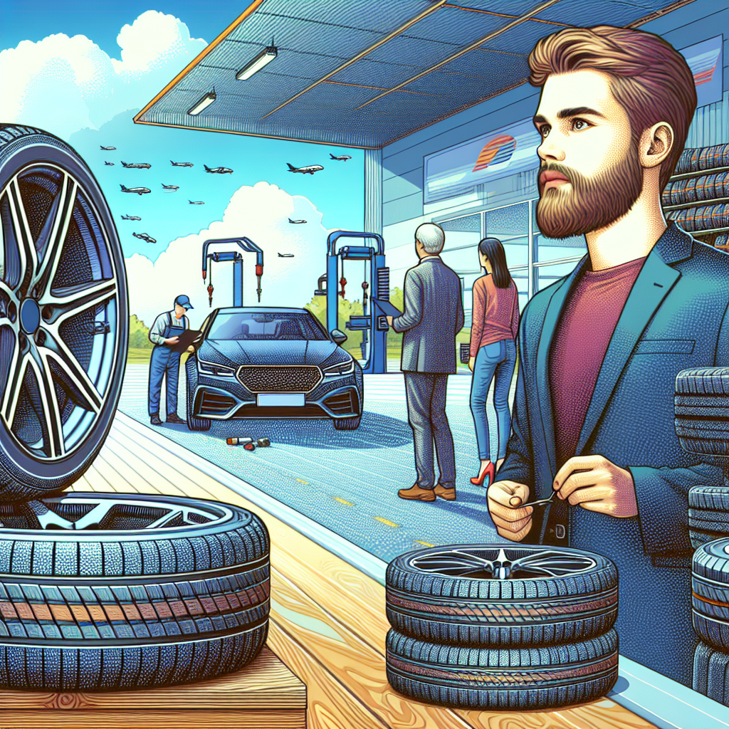 Imagine cu un set de anvelope marca Satoya in fundalul unui service auto, oameni cu aspect european care aleg anvelope pentru masina lor.