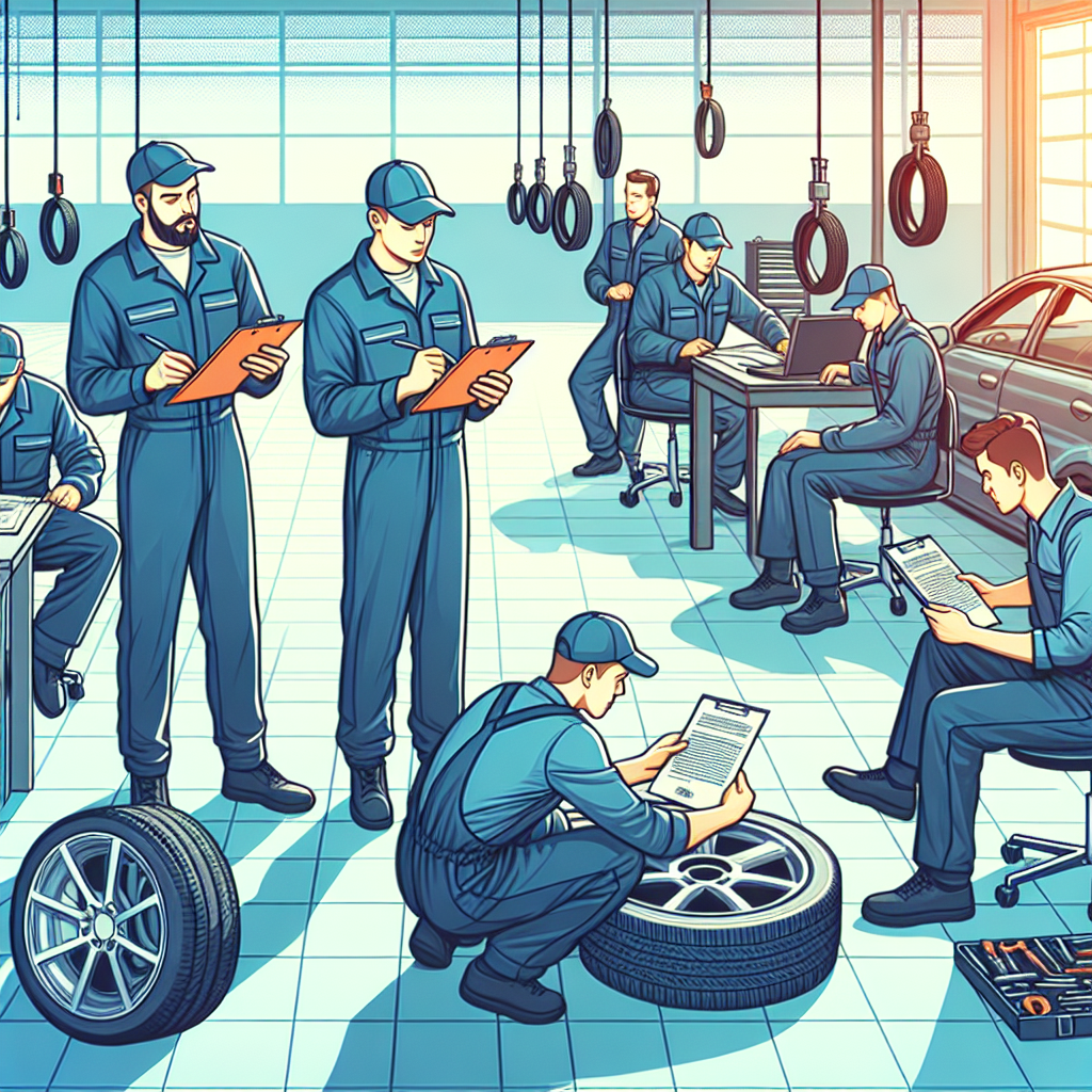 Imagine realista a procesului de inspectie si verificare a anvelopelor Profil in service auto, unde maestrii lucreaza cu documente si unelte. Toti oamenii au aspect european.