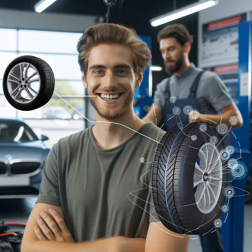 Imagine care arata anvelope marca Satoya in fundalul unui service auto, cu un client multumit, cu aspect european, fete zambitoare, demonstrand montarea anvelopelor pe masina.