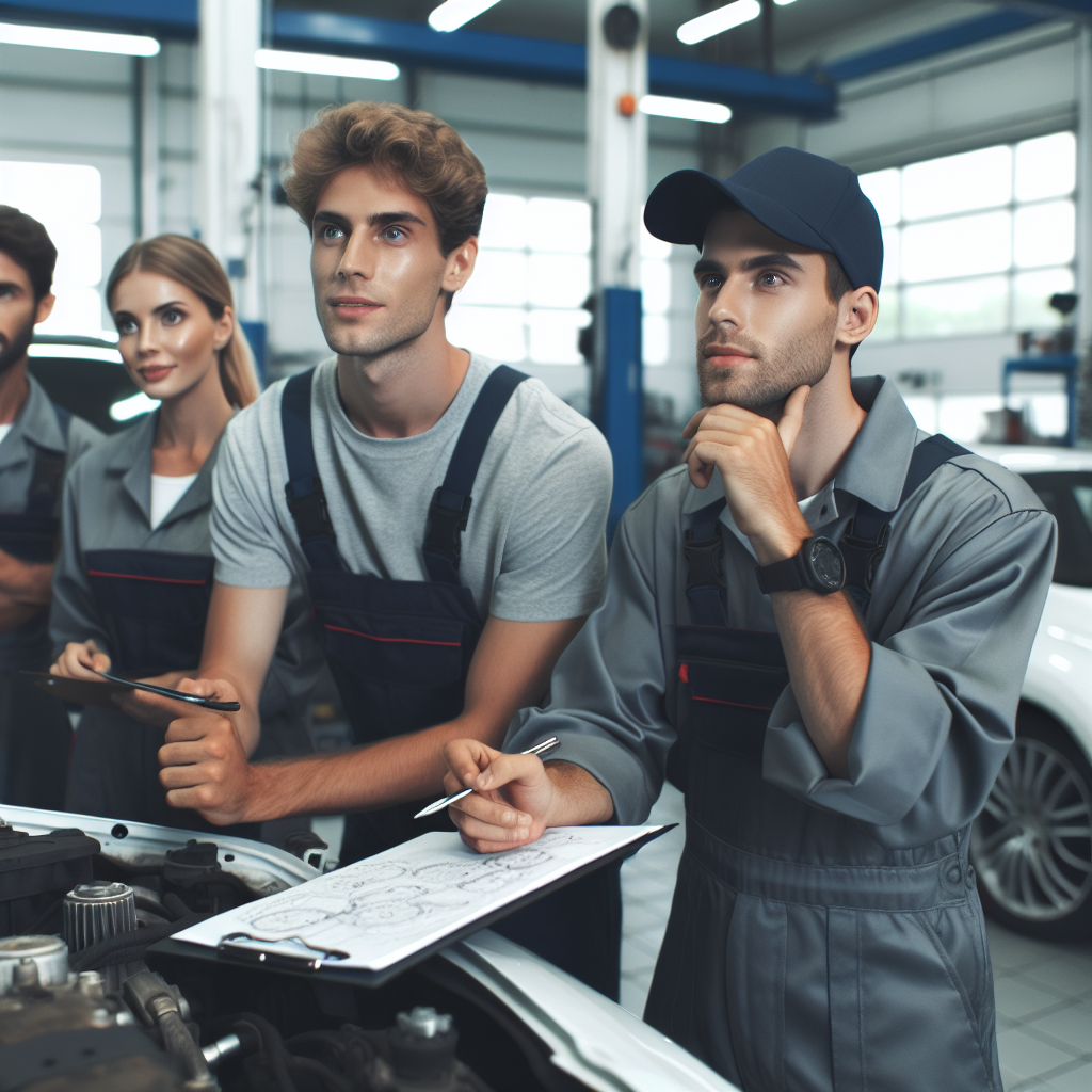 Imaginea arata profesionisti in service auto, care lucreaza cu echipamente moderne intr-un atelier. Toti oamenii din imagine au un aspect european si exprima interes si profesionalism.