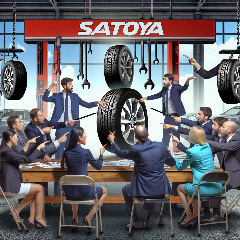 Imagine care prezinta o întâlnire a proprietarilor de automobile, discutand mituri despre anvelopele Satoya, in fundalul unui service auto, oameni cu aspect european, discutii active.
