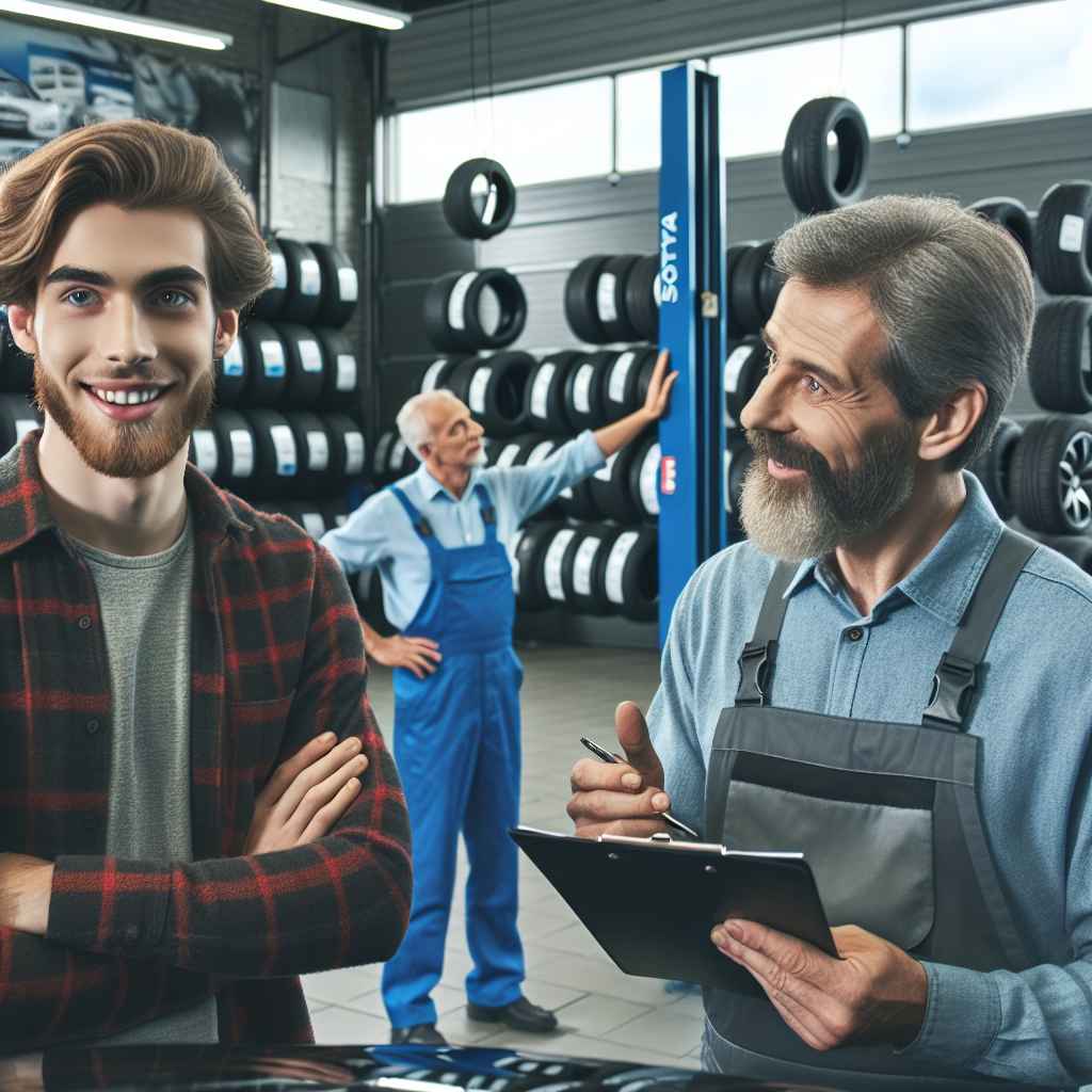 Imagine cu un client in service auto, primind consultanta pentru inlocuirea anvelopelor Satoya, aspect european, specialist experimentat in fundalul anvelopei.