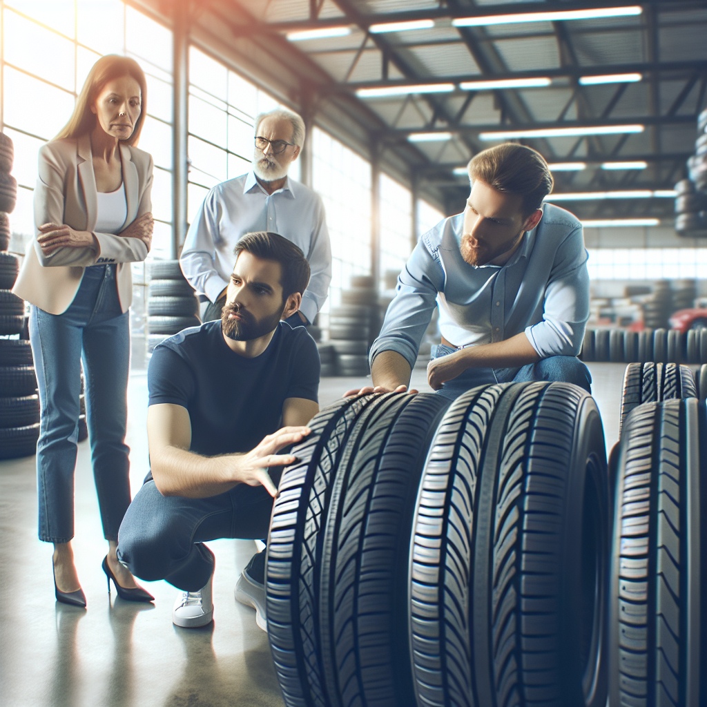 Imagine cu procesul de alegere a anvelopelor Solideal in service auto, cu barbati si femei europeni studiind caracteristicile si calitatile anvelopelor alaturi de un consultant.
