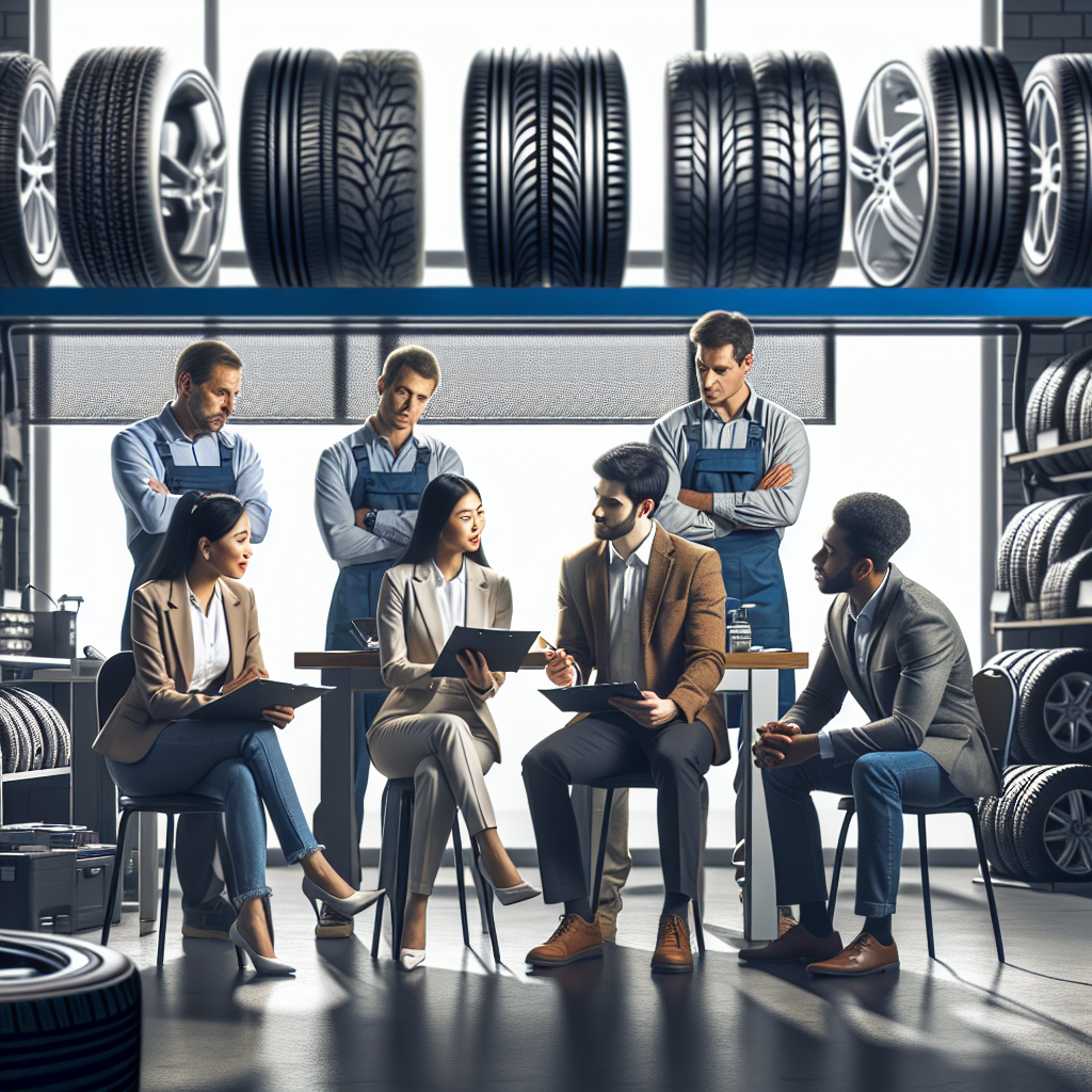 Imagine cu clienti in service auto, discutand despre achizitionarea anvelopelor Solideal si Camso cu specialisti experimentati, avand in fundal diverse modele de anvelope.