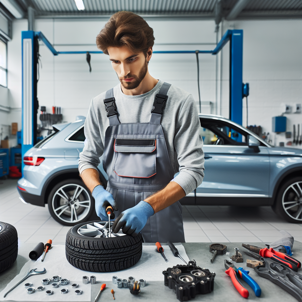 Imaginea unui mecanic profesionist, instaland anvelope Streamstone pe o masina intr-un service auto, toate persoanele de tip european, in uniforme moderne de lucru, intr-un mediu de lucru curat si ordonat, cu detalii de masini si unelte in jur.