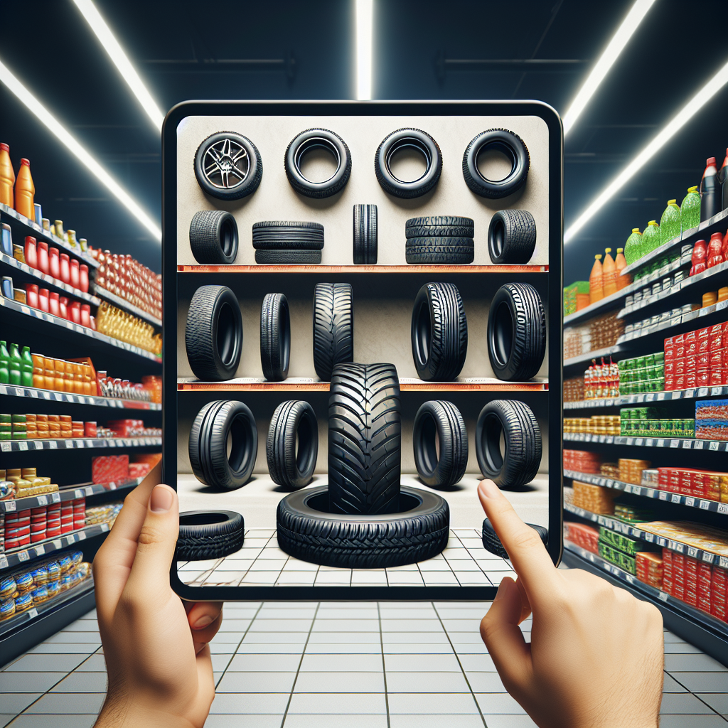 Imaginea diferitelor tipuri de anvelope Streamstone, expuse pe fondul unui supermarket, cu accent pe fundal, pentru a arata varietatea si disponibilitatea, toate obiectele fiind clare si reprezentate ca fotografii reale.