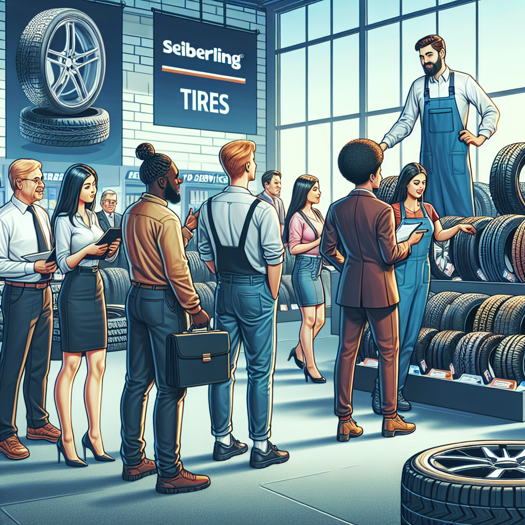 Imagine de la o expozitie de anvelope Seiberling intr-un service auto, unde clienti aleg anvelope, comunicand cu profesionisti. Toate persoanele au trasaturi europene.