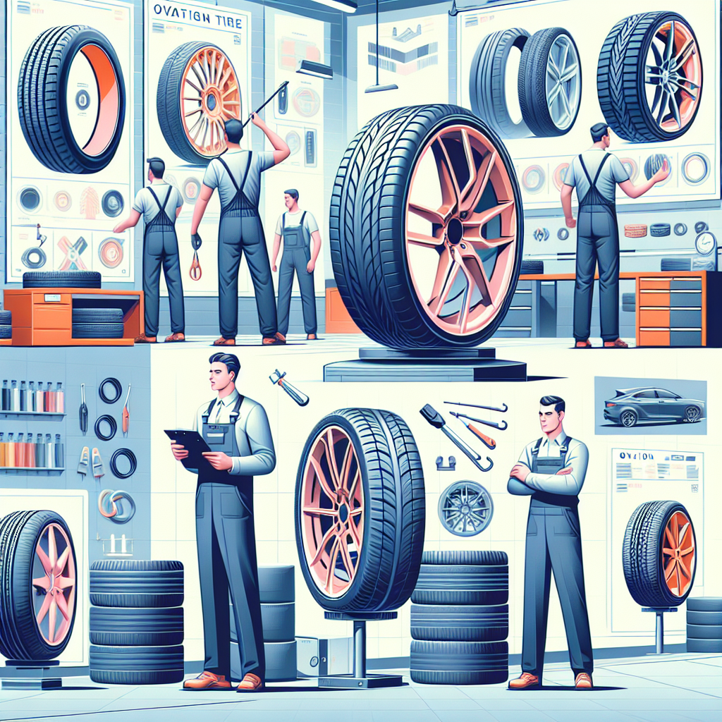 O varietate de modele de anvelope Ovation expuse intr-un service auto modern, cu mecanici europeni lucrand si clienti care aleg anvelope, intr-o paleta de culori luminoasa si placuta.