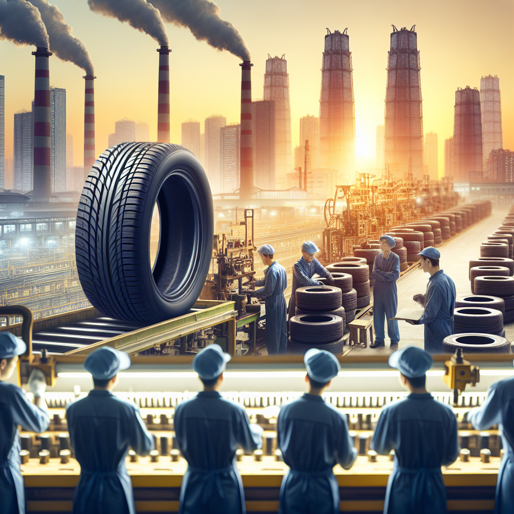 Imagine cu anvelopele Sailun in fata unei fabrici din China, punand accent pe procesul de productie si calitatea produsului. Toti oamenii din imagine trebuie sa fie de tip european.