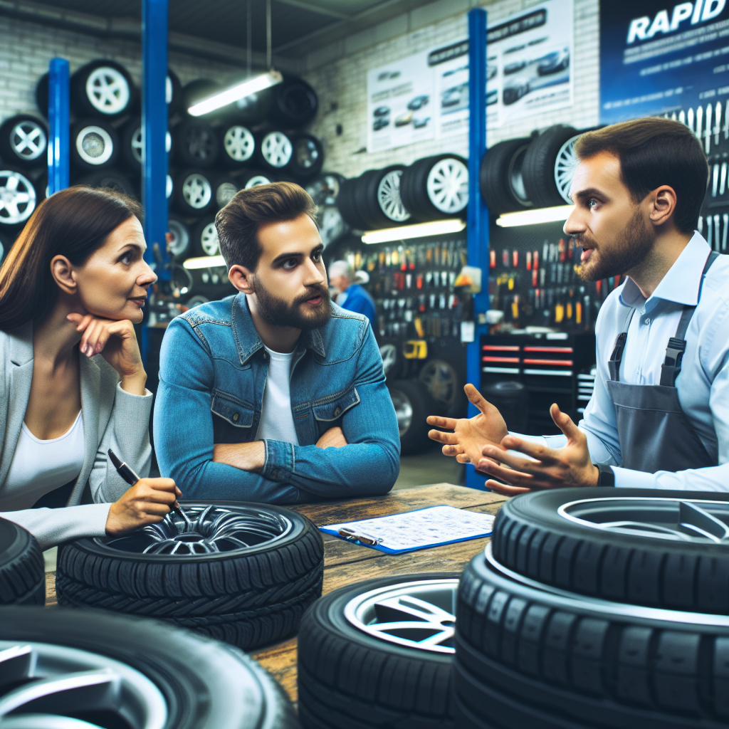 O imagine cu clienti de tip european, inainte de a cumpara anvelope Rapid, discutand cu consultantii intr-o atelier de reparatii, analizand diferitele optiuni de anvelope si caracteristicile acestora.