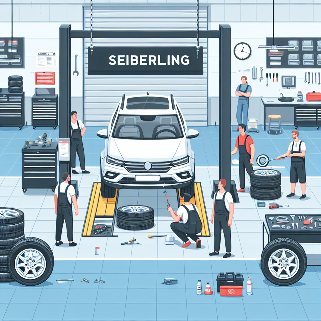 Imagine cu specialisti ai unui service auto care monteaza anvelope Seiberling pe un automobil, in timp ce clienti urmaresc procesul. Toate persoanele au trasaturi europene.