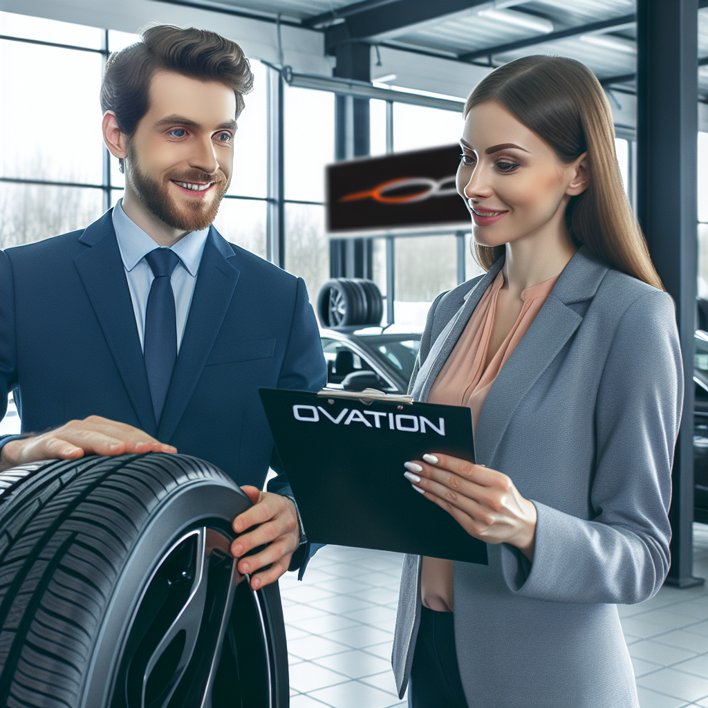 Un client care alege anvelope Ovation cu ajutorul unui consultant in cadrul unui service auto modern, toti participantii avand infatisare europeana, intr-o atmosfera prietenoasa si profesionala.