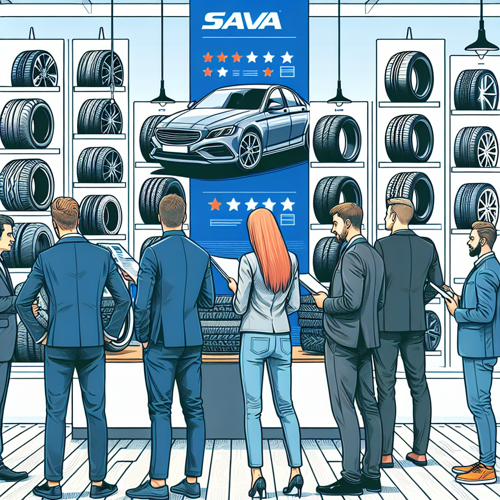 Imagine cu europeni alegand anvelope Sava pentru masina lor intr-un magazin, in fata unui stand cu diferite modele de anvelope, subliniind expresiile lor de interes si procesul de selectie, punand accent pe calitate si siguranta.