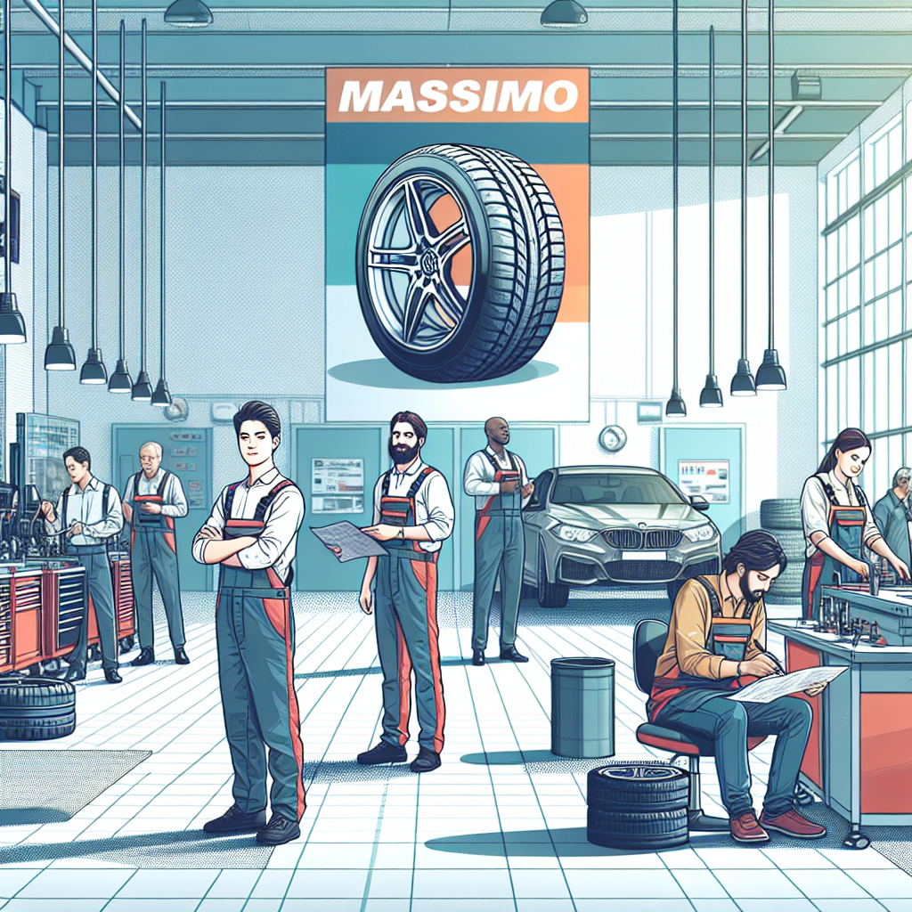 Imagine cu anvelopele Massimo pe fundalul unui service auto, unde lucreaza oameni cu trasaturi europene. Totul ar trebui sa arate ca o fotografie, nu ca o ilustratie.