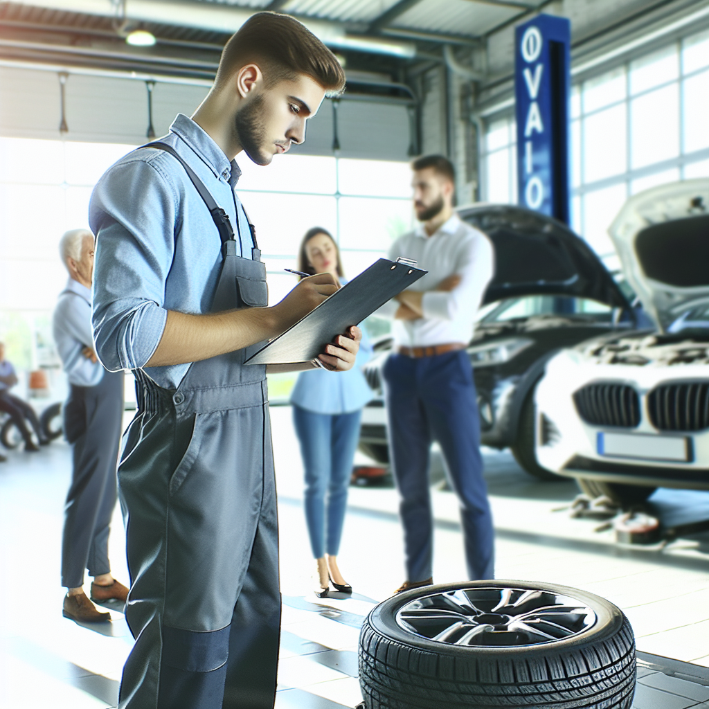 Un mecanic european in timpul verificarii starii anvelopelor Ovation intr-un service auto, cu clienti asteptand in fundal, intr-un ambient curat si luminos care transmite profesionalism si ingrijire pentru clienti.