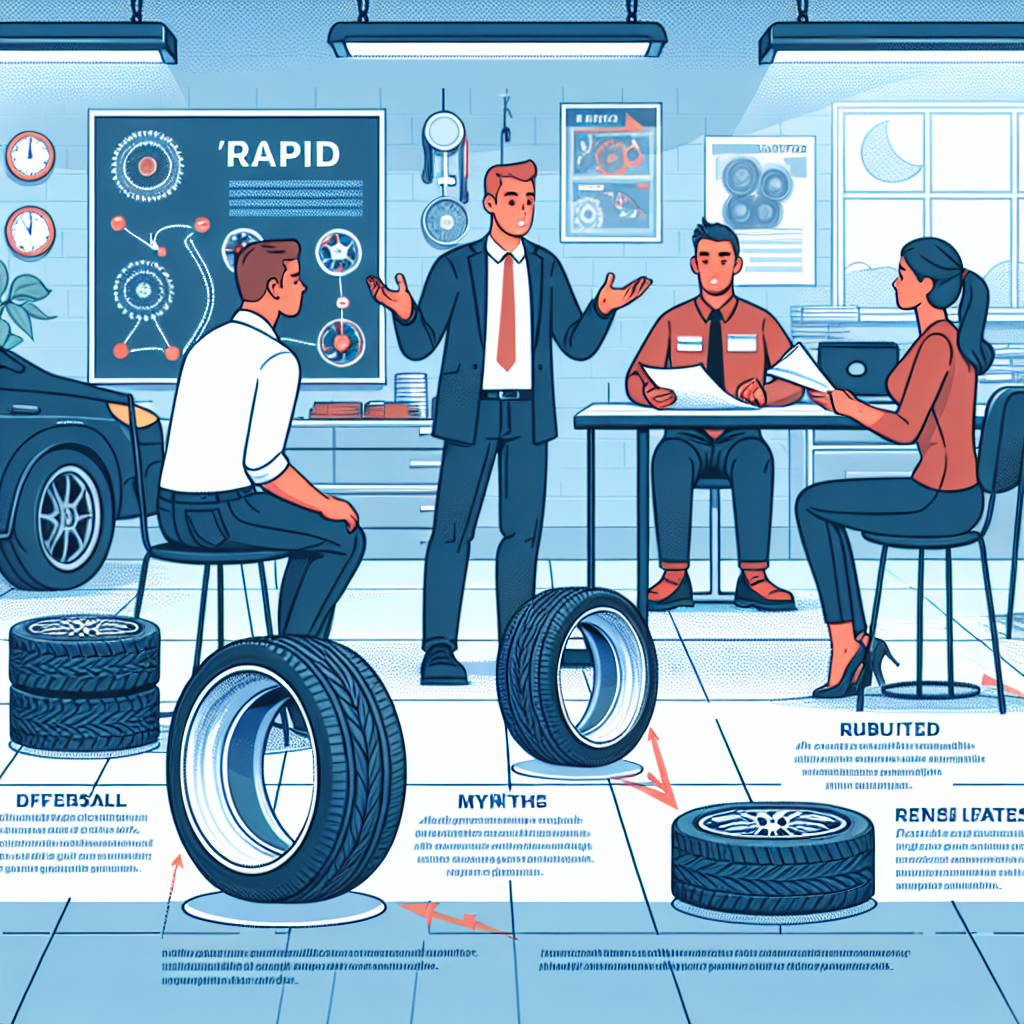 O imagine care surprinde o scena intr-un service auto, unde un client de tip european discuta cu un consultant despre miturile si realitatea in jurul anvelopelor Rapid, cu exemple si ilustratii.