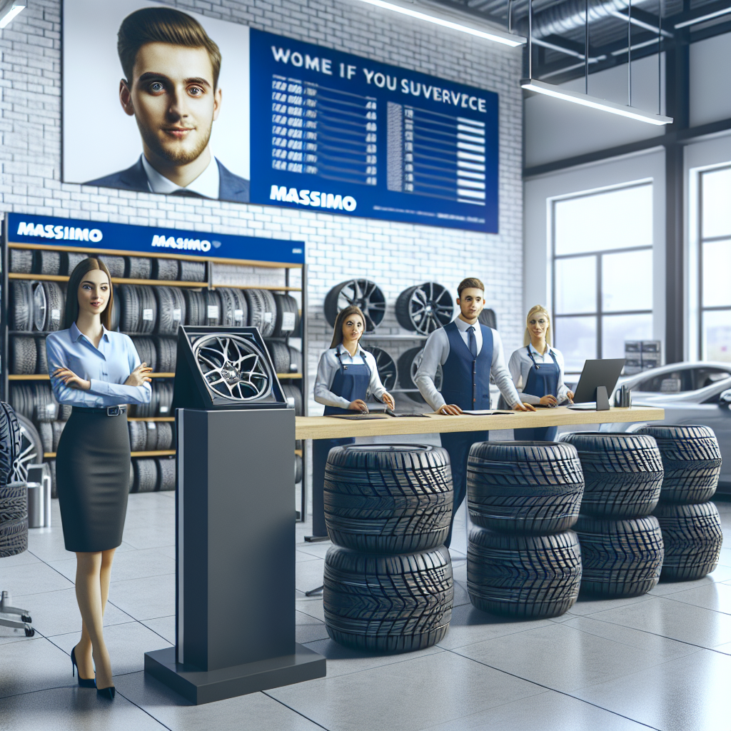 Imagine care prezinta diferite modele de anvelope Massimo intr-un salon de expunere al service-ului auto, unde lucreaza oameni cu trasaturi europene. Imaginea ar trebui sa arate ca o fotografie.