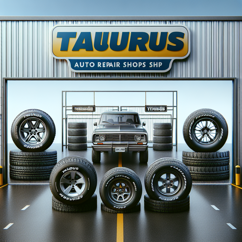 Imaginea arata patru tipuri diferite de anvelope Taurus, aranjate pe fundalul unei porti de service auto, prezentand un aspect de fotografie, cu toate detaliile clare si iluminare naturala.