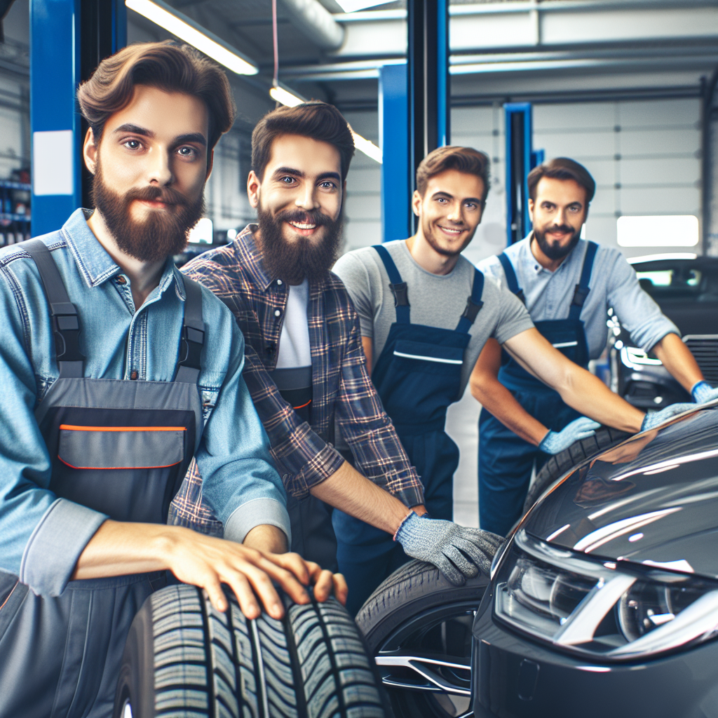 Imagine cu o echipa de service auto care lucreaza la un automobil pentru montarea anvelopelor RoadX. Toti oamenii din imagine par a fi europeni si au o expresie prietenoasa, dorind sa ajute clientul.