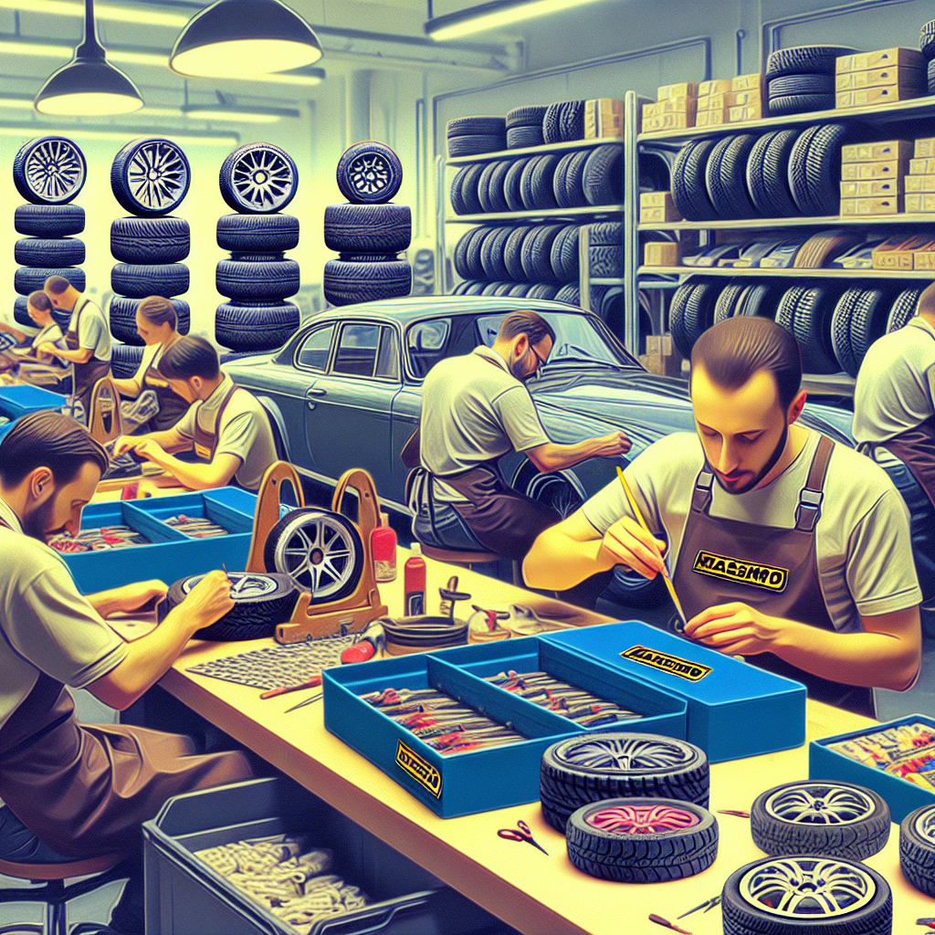 Imagine cu diverse modele de anvelope Massimo pe fundalul unui magazin auto, unde lucreaza oameni cu trasaturi europene. Imaginea ar trebui sa arate ca o fotografie.